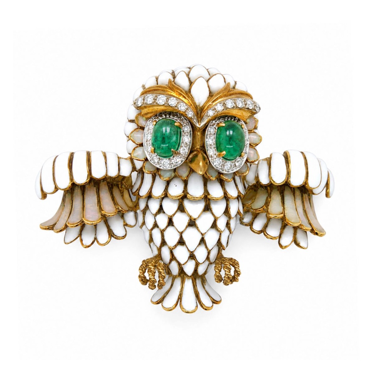 Emerald, Diamond & 18K Owl Brooch