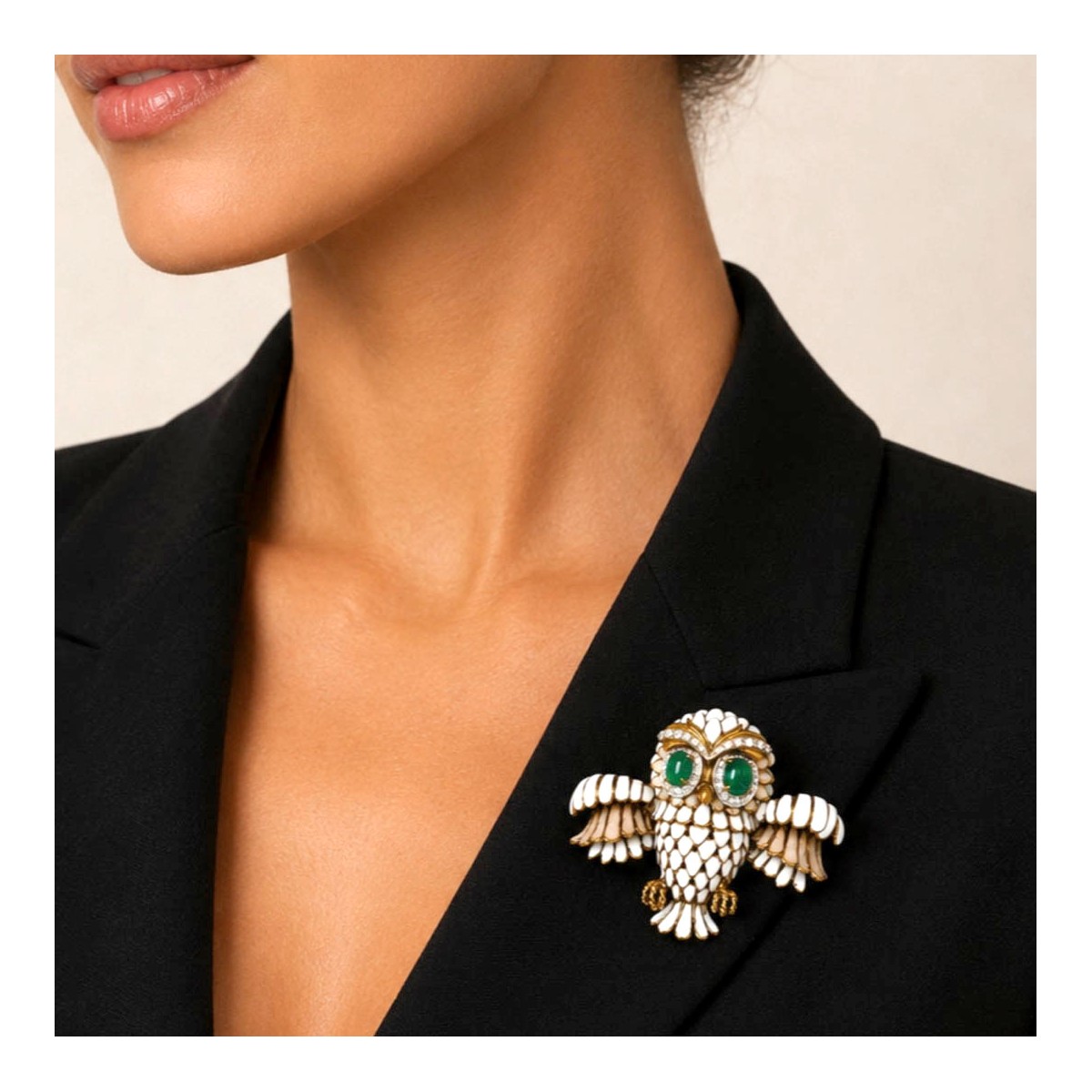 Emerald, Diamond & 18K Owl Brooch