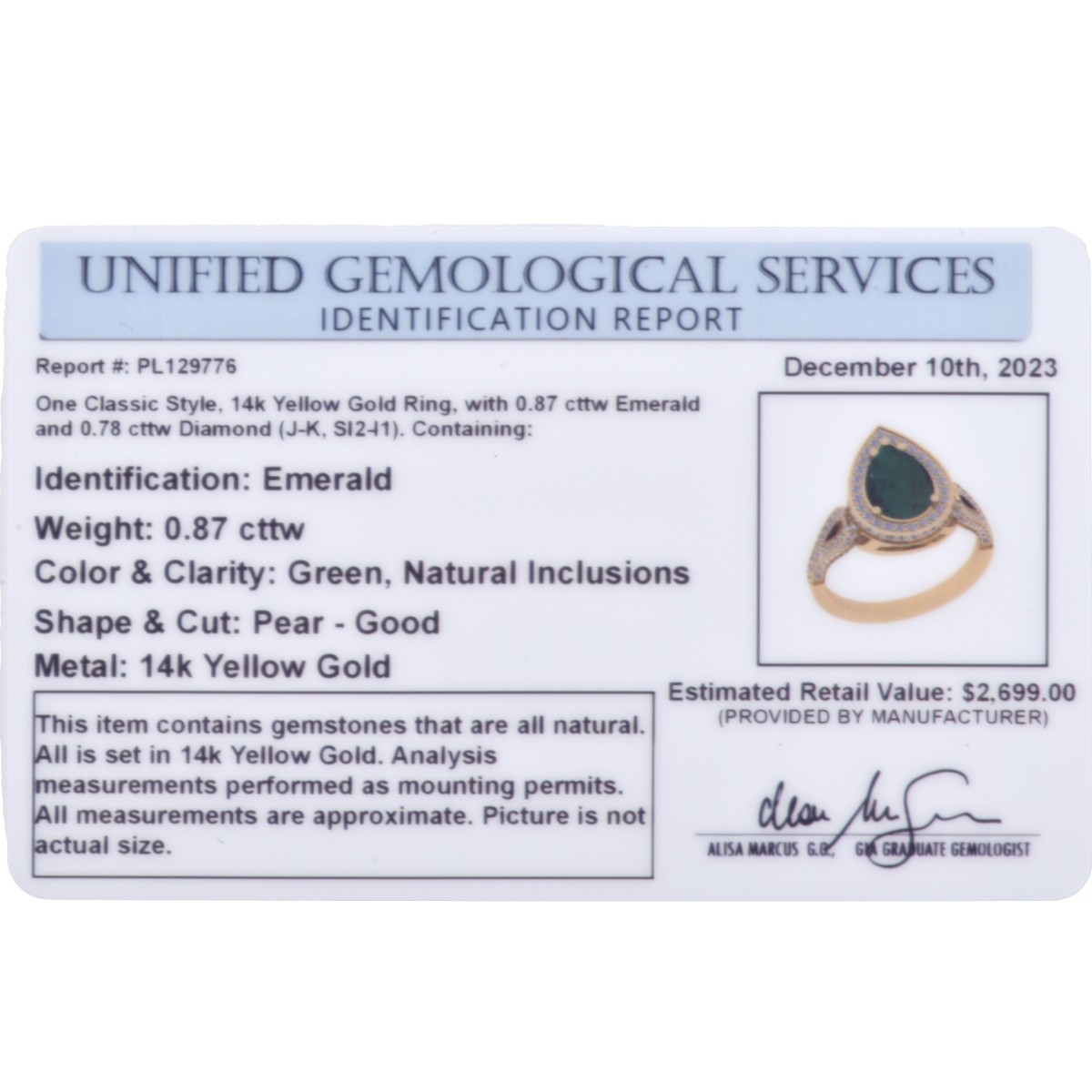 UGS Emerald, Diamond and 14K Ring