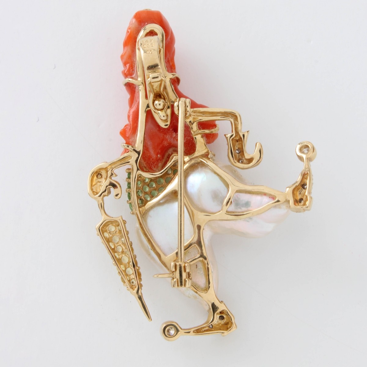 Coral, Pearl and 14K Pendant / Pin