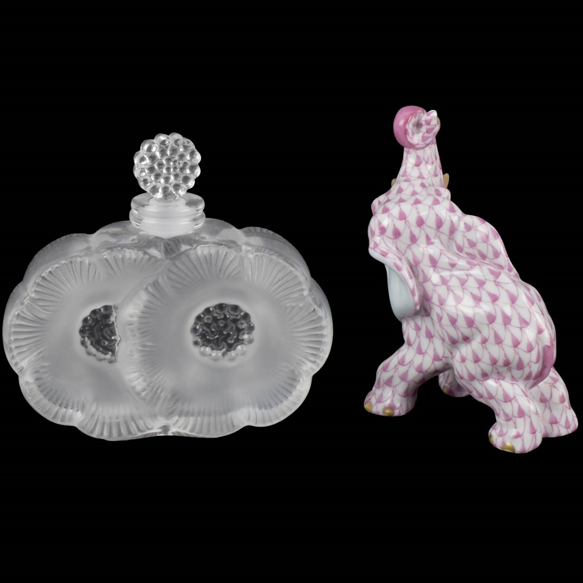 Herend Elephant & Lalique Bottle