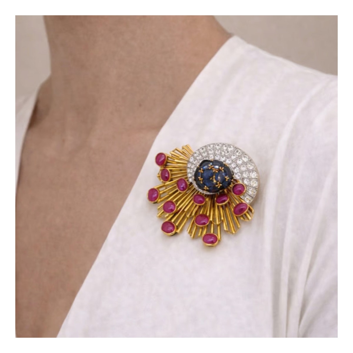 18K, Plat., Gemstone and Diamond Brooch