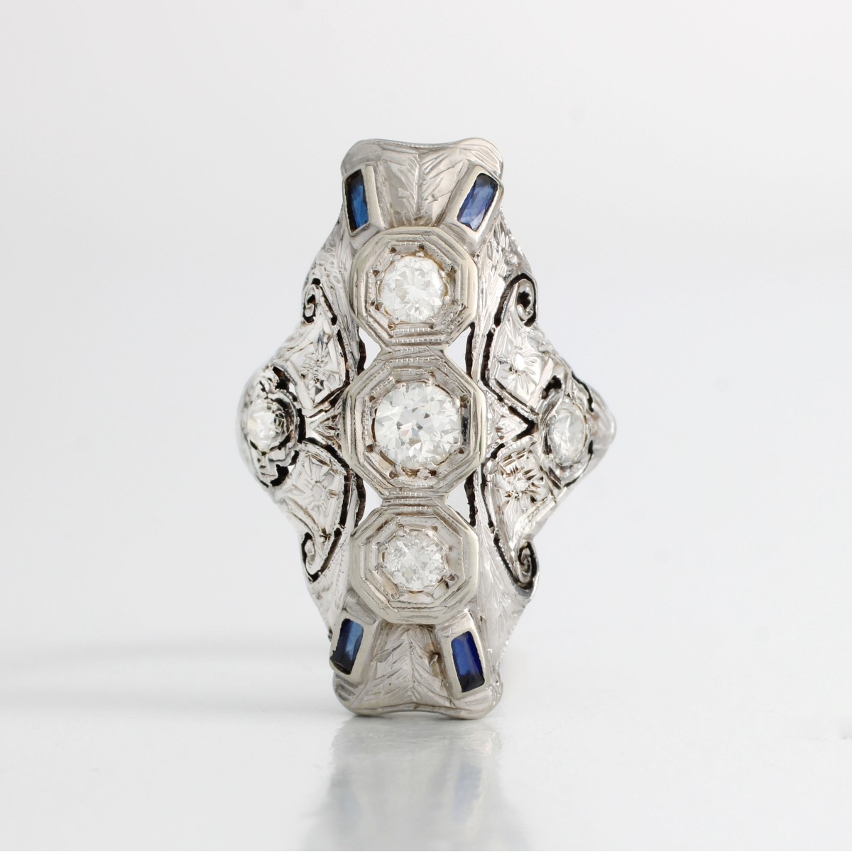 Deco Diamond Sapphire and Plat Ring
