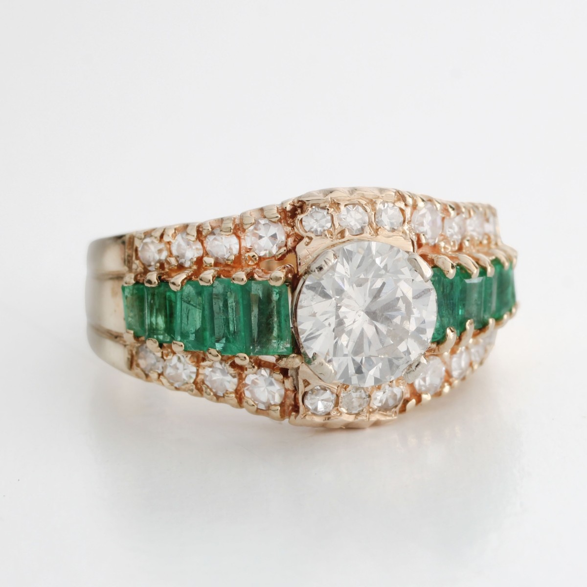 Retro Diamond Emerald and 14K Ring